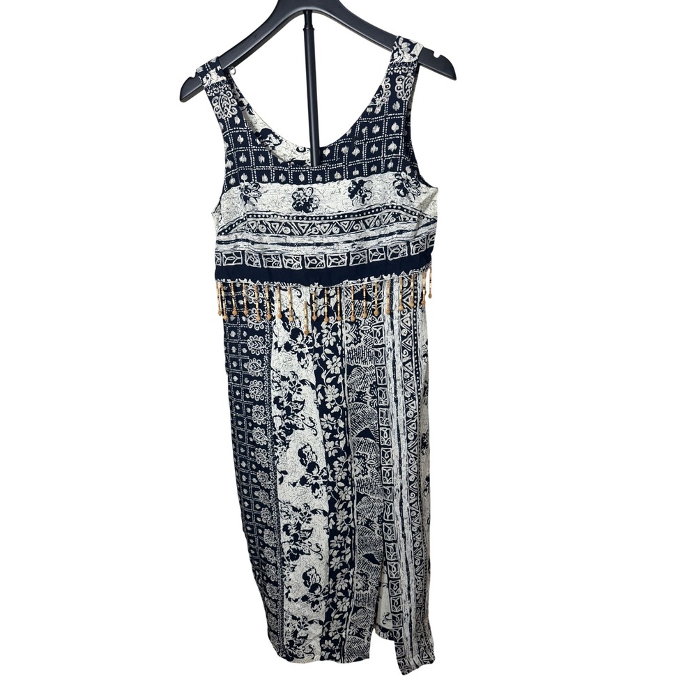 Dawn Joy Fashions Vintage Navy White Batik Beaded Fringe Midi Dress USA Made